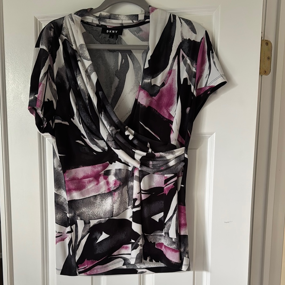 DKNY Fitted Wrap Blouse in Pink and Black